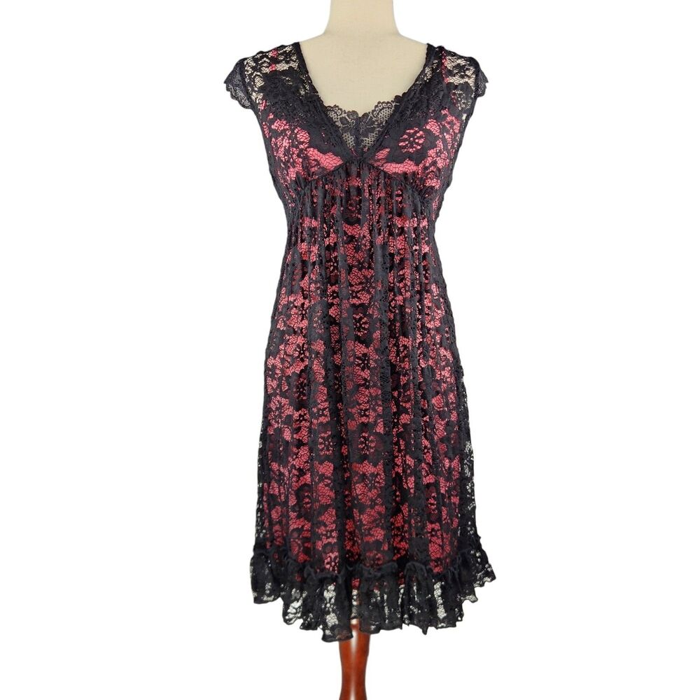 NEW VTG Y2k Babydoll Black Lace Fuschia Slip Dress Medium Fairy Rush Homecoming